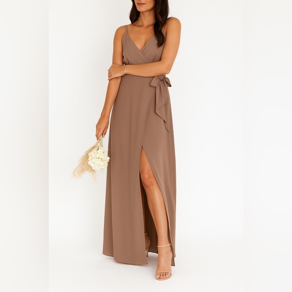 NEW Show Me Your Mumu Bridesmaid Dress Taupe Brown Wrap Maxi Gown Size Small - Picture 1 of 10